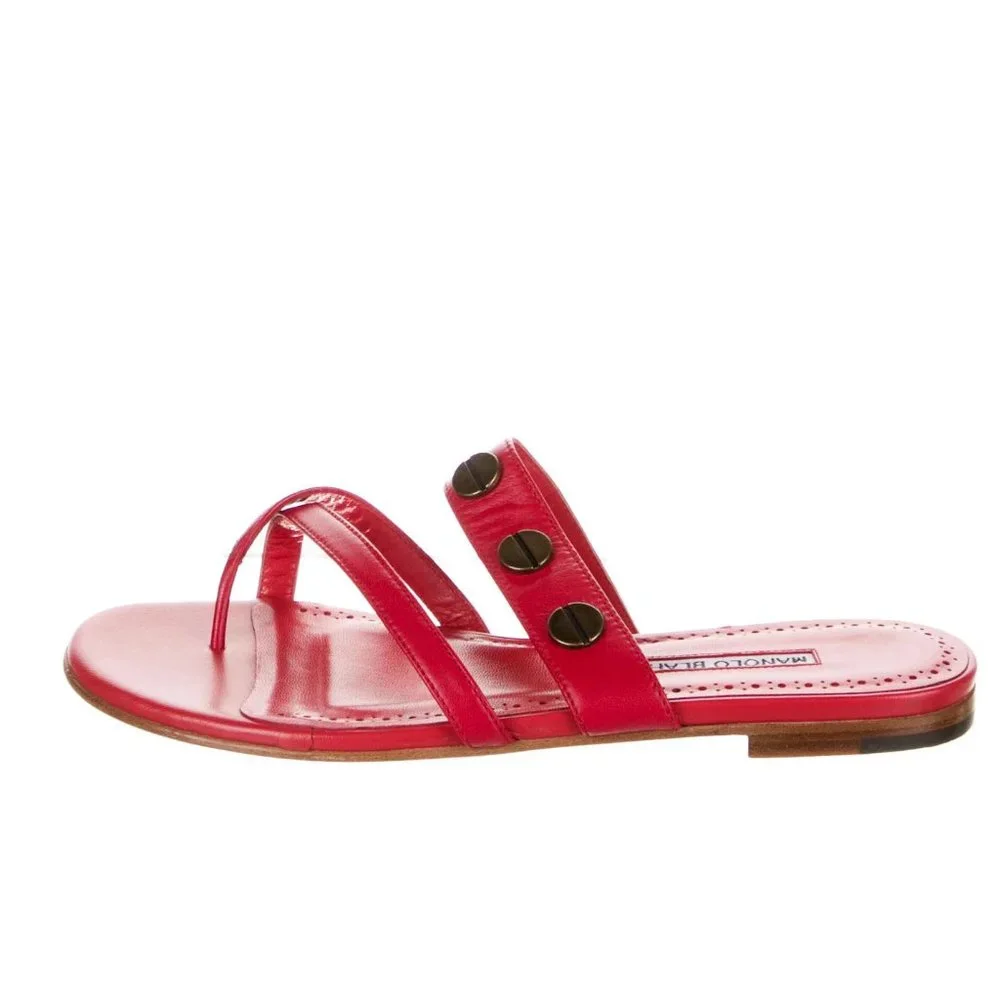 Manolo Blahnik Red Leather Studded SUSA Slides *Runs SUPER Small*